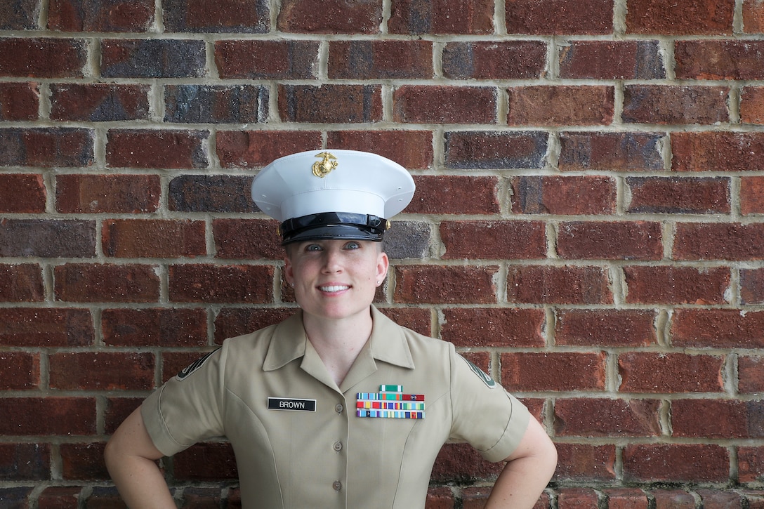 Staff Sgt. Britny Brown poses for a photo at Marine Corps Recruiting Sub-Station Savannah, Ga. on Aug. 24, 2021. Staff Sgt. Brown discusses her biggest role model growing up, her reasons for joining the Marines and her advice to females interested in enlisting. (U.S. Marine Corps photo by Cpl. Dylan Walters)