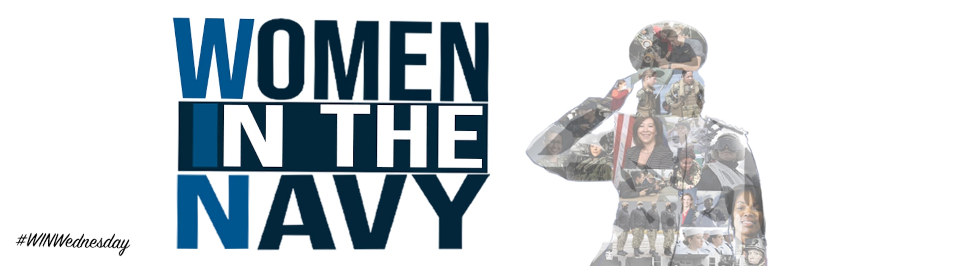 Women in the navy titled on the left. Silhouette of woman navy saluting on the right with bunch of images of women filled inside the silhouette .