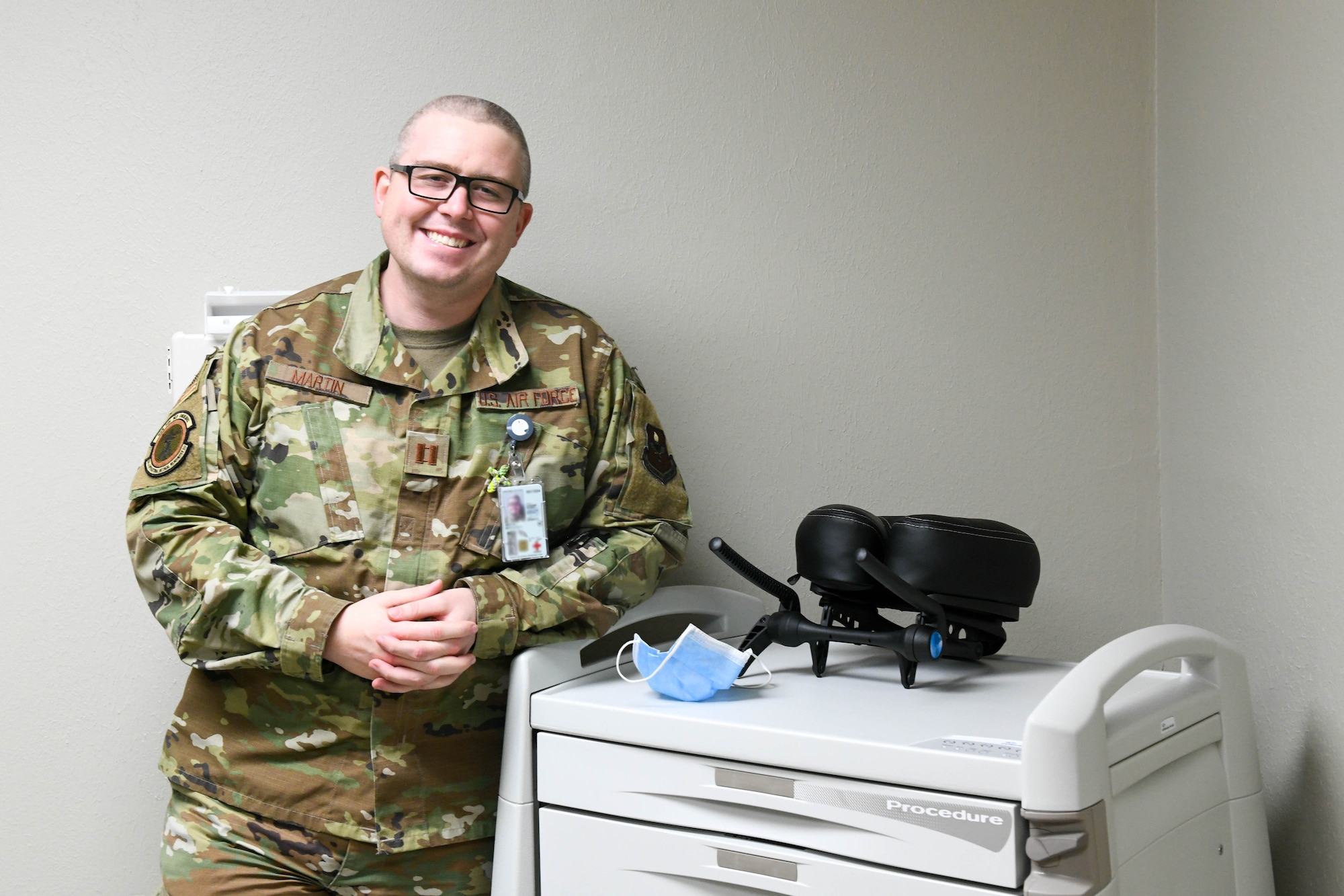 Dr. Nicholas Martin, 97th Operational Medical Readiness Squadron family medicine physician, poses at the medical group building at Altus Air Force Base (AFB), Oklahoma, Feb. 15, 2022. Martin went to Oklahoma State University, College of Osteopathic Medicine for medical school, followed by a residency at Scott AFB, Illinois, and Altus AFB is his first assignment out of residency. (U.S. Air Force photo by Airman 1st Class Trenton Jancze)