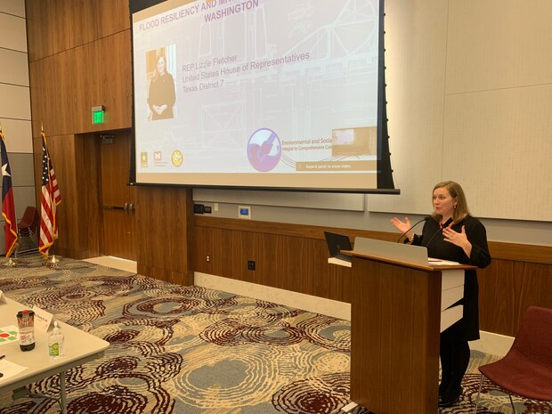 GALVESTON, Texas -- Rep. Lizzie Fletcher, of the U.S. House of Representatives, Texas District 7, speaks at the Winter 2022 Stakeholder Partnering Forum. Fletcher touched on flood resiliency and mitigation. The forum also serves as an opportunity for non-federal sponsors, customers and agency partners from along the Texas coast to network and exchange ideas on ways the Galveston District is able to improve value delivery to the nation across civil works and regulatory business lines.