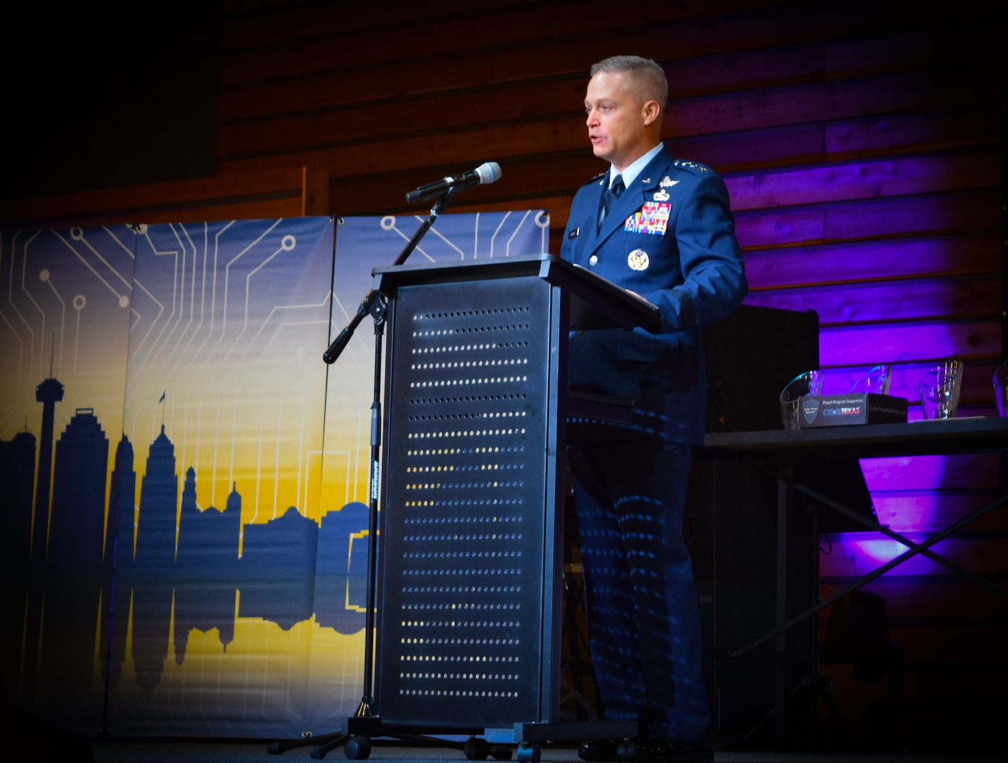 Lt. Gen. Timothy Haugh, 16th Air Force (Air Forces Cyber) commander, encourages local youth to continue in their cyber education at the 2022 San Antonio Mayor’s Cyber Cup and College Fair, San Antonio, Texas, Feb.19.