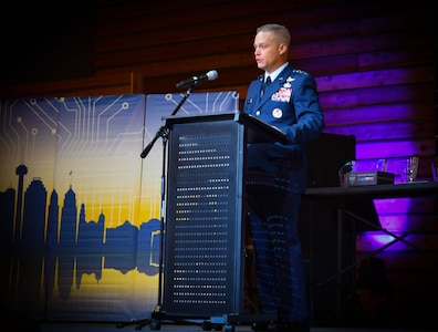 Lt. Gen. Timothy Haugh, 16th Air Force (Air Forces Cyber) commander, encourages local youth to continue in their cyber education at the 2022 San Antonio Mayor’s Cyber Cup and College Fair, San Antonio, Texas, Feb.19.