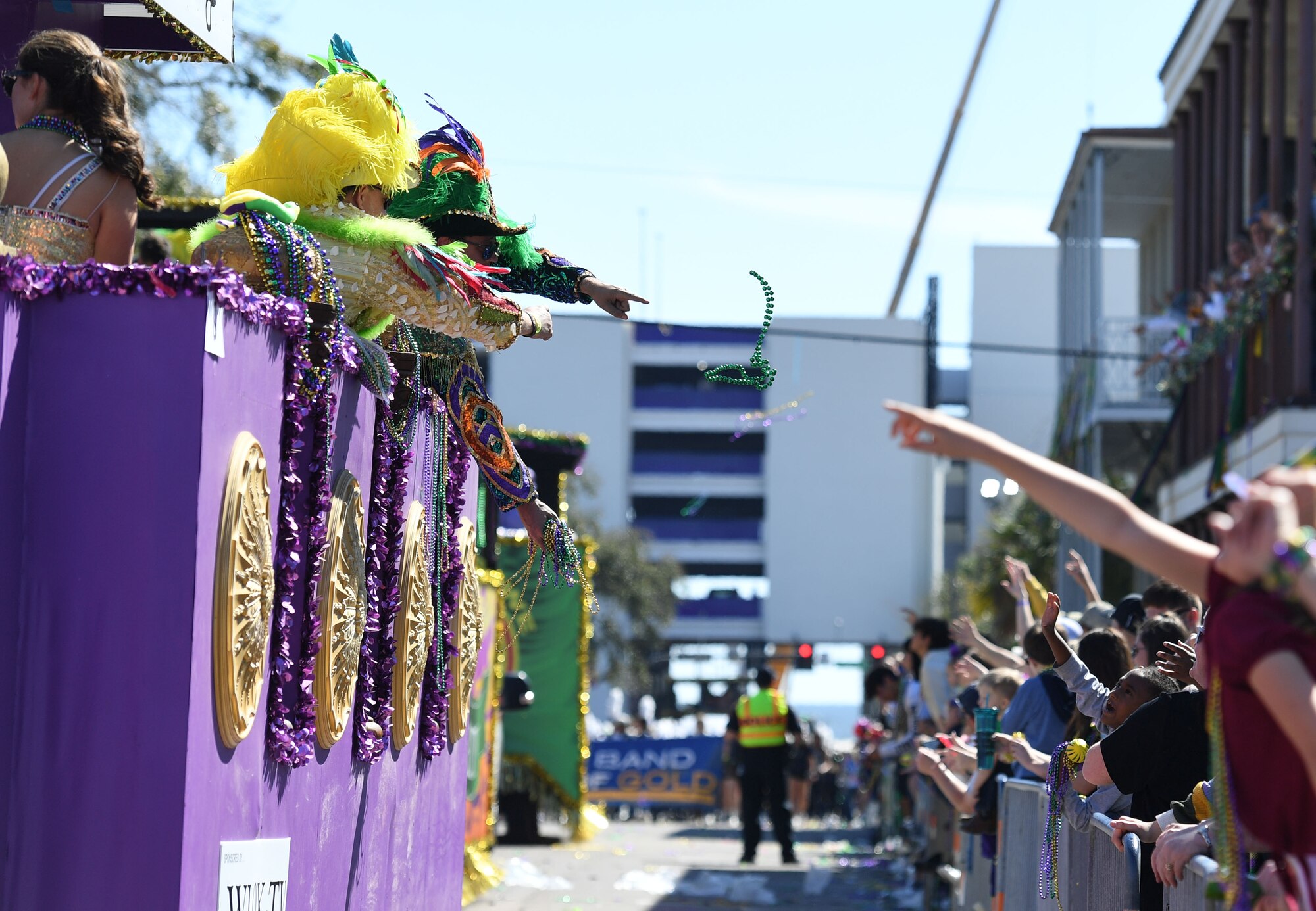 Decorative floats ride through Biloxi during the Gulf Coast Carnival Association Mardi Gras parade in Biloxi, Mississippi, March 1, 2022. Keesler personnel participate in local parades every Mardi Gras season to show their support of the communities surrounding the installation. (U.S. Air Force photo by Kemberly Groue)