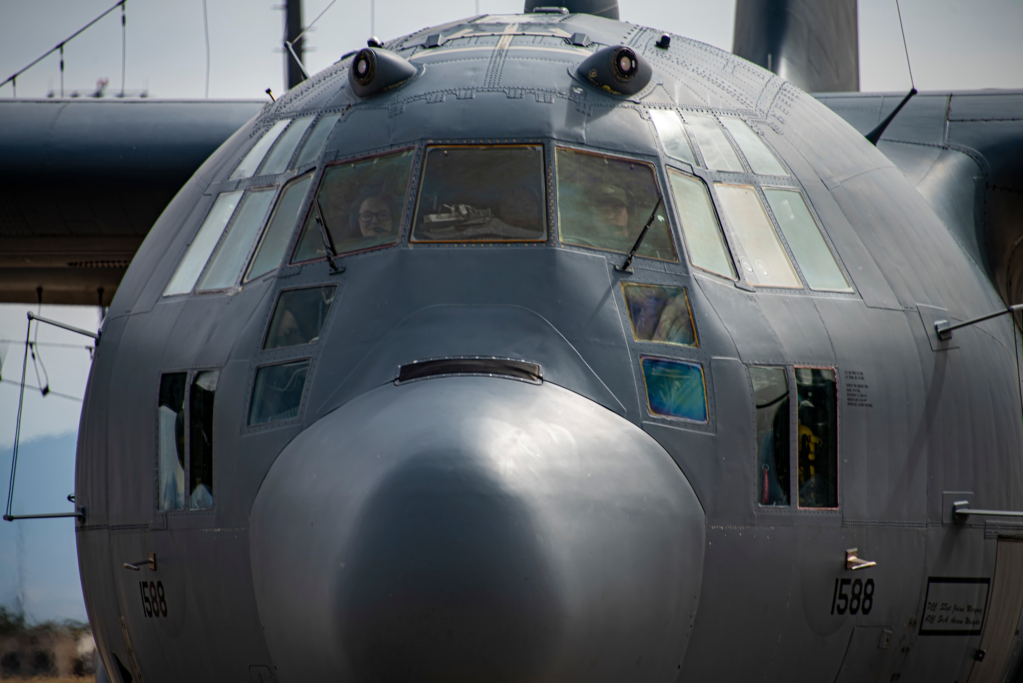 Close up of the front of an aircraft.