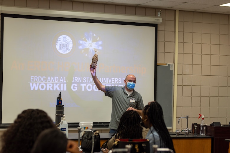 Alan Katzenmeyer, chief of Aquatic Ecology and Invasive Species Branch at the U.S. Army Engineer Research and Development Center (ERDC) Environmental Laboratory, addresses the students in a classroom at Alcorn State University. Katzenmeyer was one of several participants in ERDC Day on February 23, 2022. The event, which featured a mini career fair, exposed Alcorn students to ERDC career opportunities.