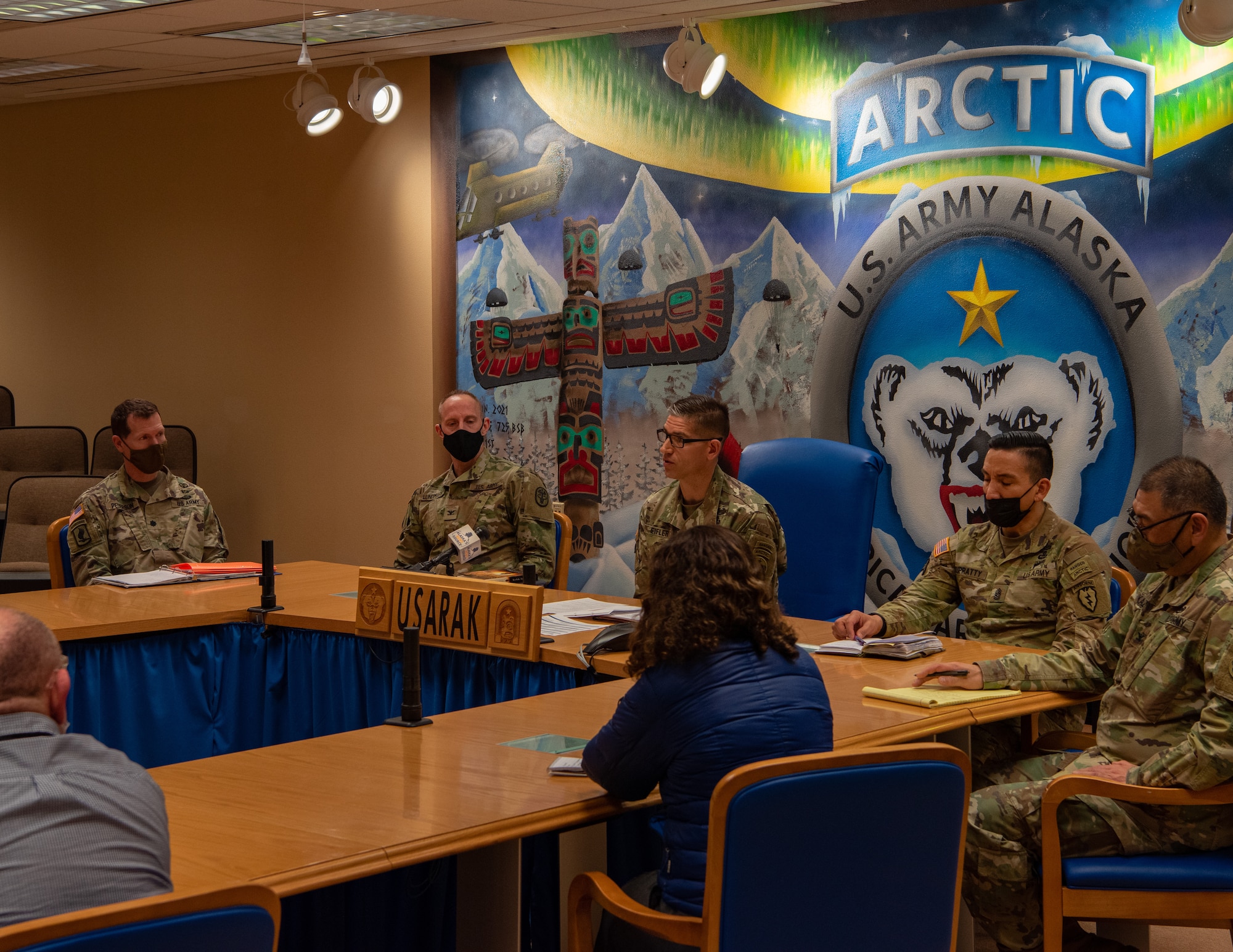 U.S. Army Alaska leadership and journalists from Anchorage gather for a media roundtable about combating suicide amongst Soldiers at Joint Base Elmendorf-Richardson, Alaska, Feb. 25, 2022. The roundtable provided an opportunity for the community to hear about the plans USARAK has for addressing the increase in suicide cases.