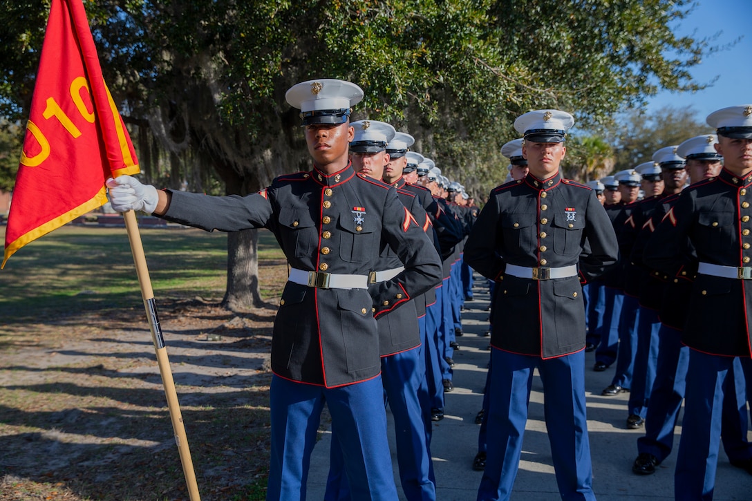 U.S. Marine Corps Pfc. Jaden L. Hilliard, a native of Gonzales, Louisiana, graduates from Marine Corps recruit training as the honor graduate for Platoon 4010, Papa Company, 4th Recruit Training Battalion, at Marine Corps Recruit Depot Parris Island, South Carolina, Feb. 25, 2022. Hilliard earned this distinction over 13 weeks of training by outperforming other recruits during a series of training events designed to test their basic Marine Corps skills. (U.S. Marine Corps photo by Lance Cpl. Kevin Lopez Herrera)