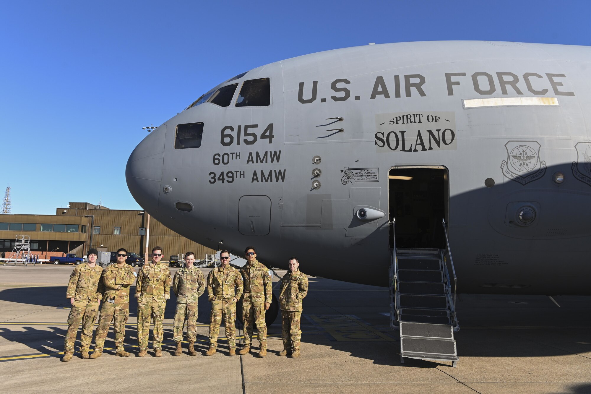 U.S. Airmen assigned to the 60th Air Mobility Wing, Travis Air Force Base, Calif., landed at Royal Air Force Mildenhall, England, in their C-17 Globemaster III aircraft after transporting cargo to an air base in Norway, Feb. 27, 2022. RAF Mildenhall serves as a gateway and rest stop for transient aircrews conducting missions around the globe. (U.S. Air Force photo by Senior Airman Joseph Barron)