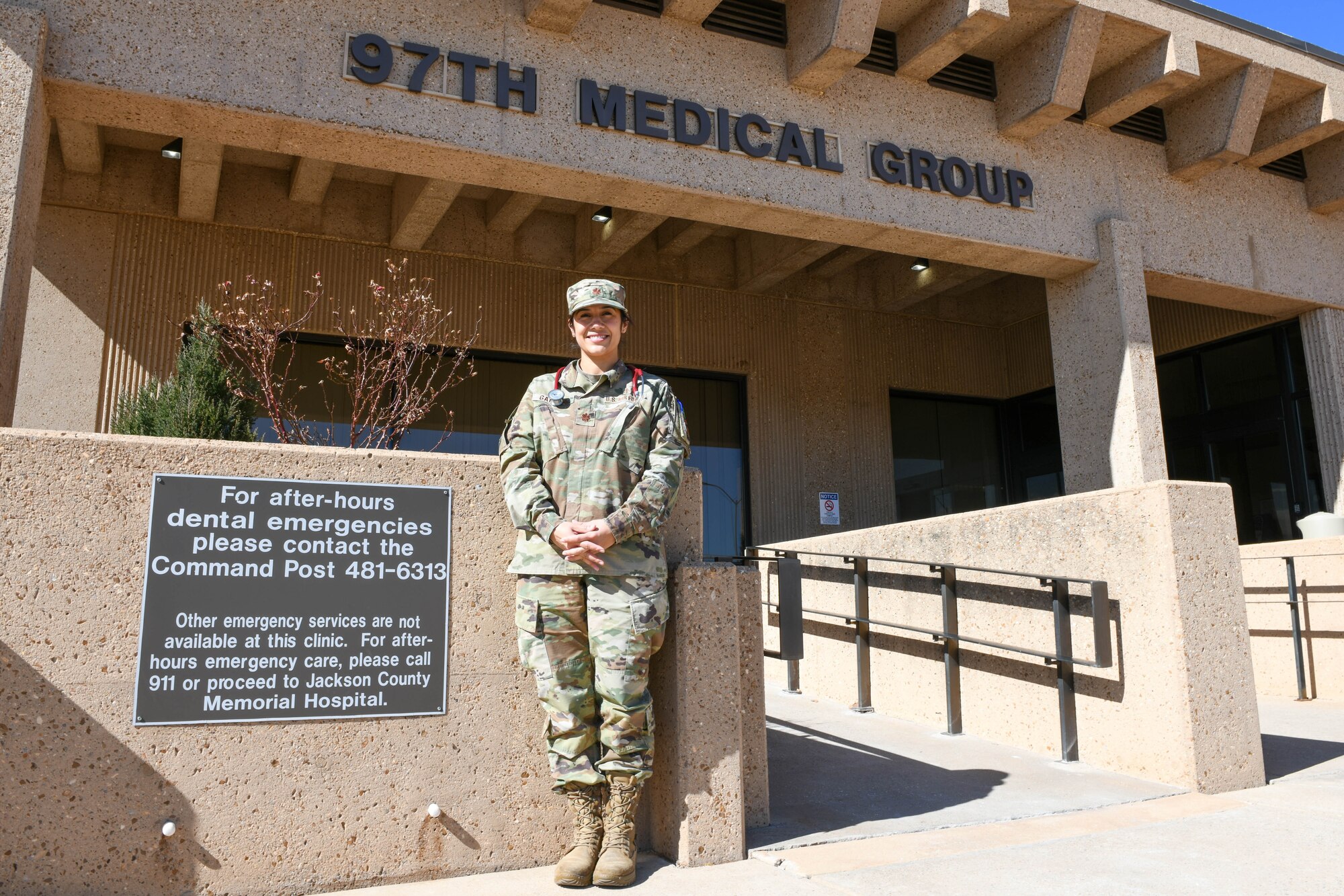 Dr. Jessica Gamboa, 97th Medical Group chief of medical staff, poses at the medical group building at Altus Air Force Base (AFB), Oklahoma, Feb. 10, 2022. Gamboa went to Alpert Medical School at Brown University followed by her residency at Travis AFB, California, and assignments at Randolph AFB, Texas, and Royal Air Force Lakenheath, England. (U.S. Air Force photo by Airman 1st Class Trenton Jancze)