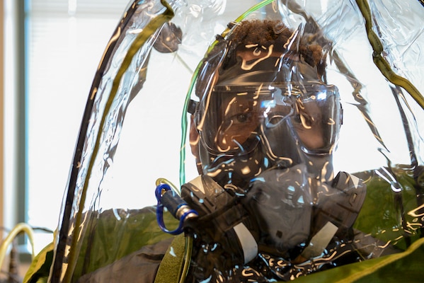 FORT WORTH, Texas (Feb. 16, 2022) - Navy Reserve Yeoman 1st Class Andre Polk, assigned to Navy Reserve Center New York City, is fit tested for the M-50 gas mask at Navy Reserve Region Readiness and Mobilization Command Fort Worth (REDCOM FW) in preparation for Polk’s scheduled mobilization to Qatar. Selected Reserve mobilization processing for Polk and other Sailors took place during an adaptive mobilization-enabling event at REDCOM FW February 14-18. The event was observed by assessors from Expeditionary Combat Readiness Center, who certified REDCOM FW as a Navy mobilization processing site with delegated Local Area Coordinator for Mobilization (LACMOB) authority. (U.S. Navy photo by Mass Communication Specialist 1st Class Lawrence Davis)