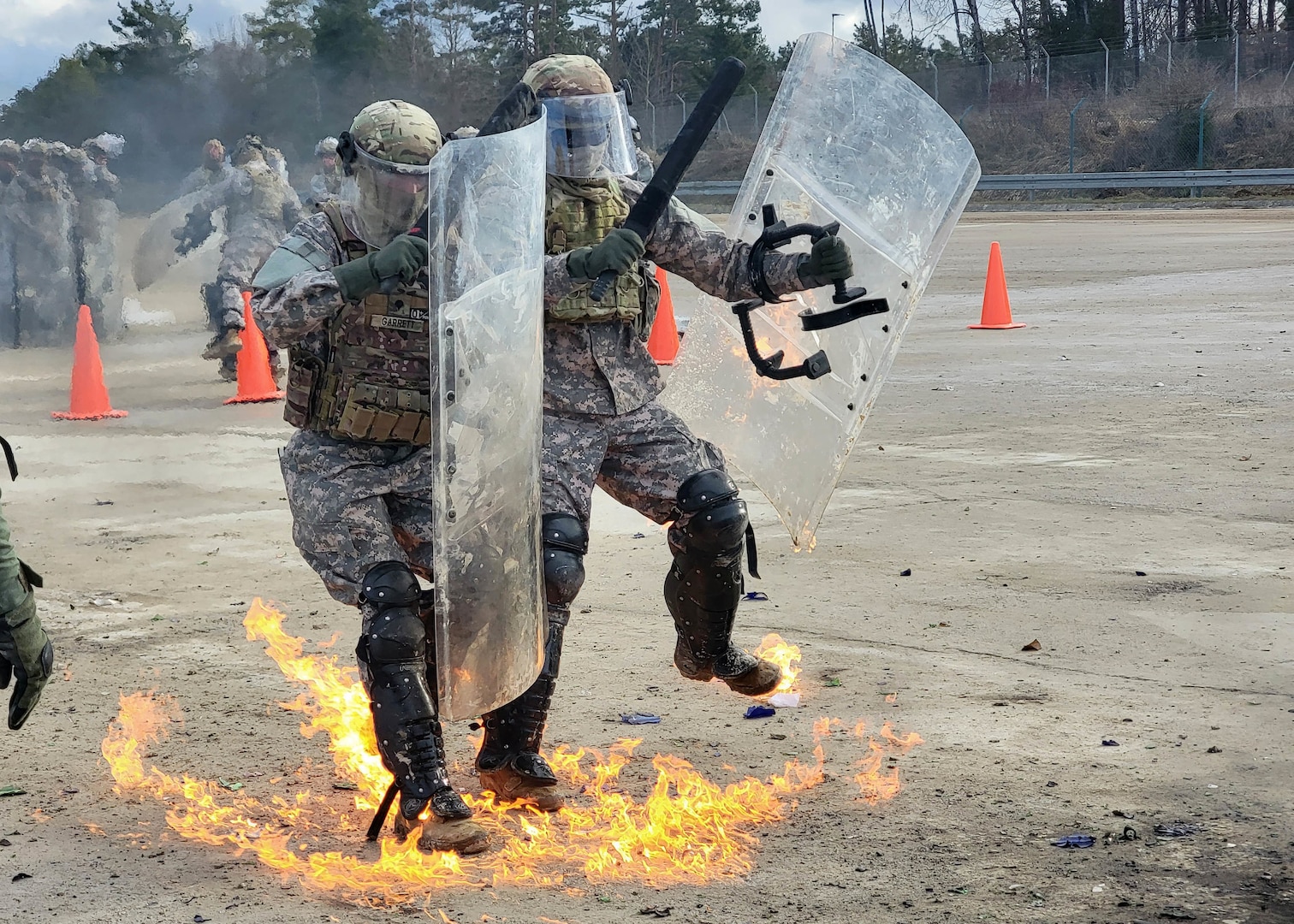 U.S. Army Soldiers with the Kentucky National Guard’s 1st Battalion, 149th Infantry Regiment, 116th Infantry Brigade Combat Team, 29th Infantry Division, conduct fire phobia training at the Joint Multinational Readiness Center, Hohenfels, Germany, Feb. 11, 2022. The training provided the Kentucky Citizen-Soldiers with the skills and confidence to respond to civil unrest where incendiary devices may be used.