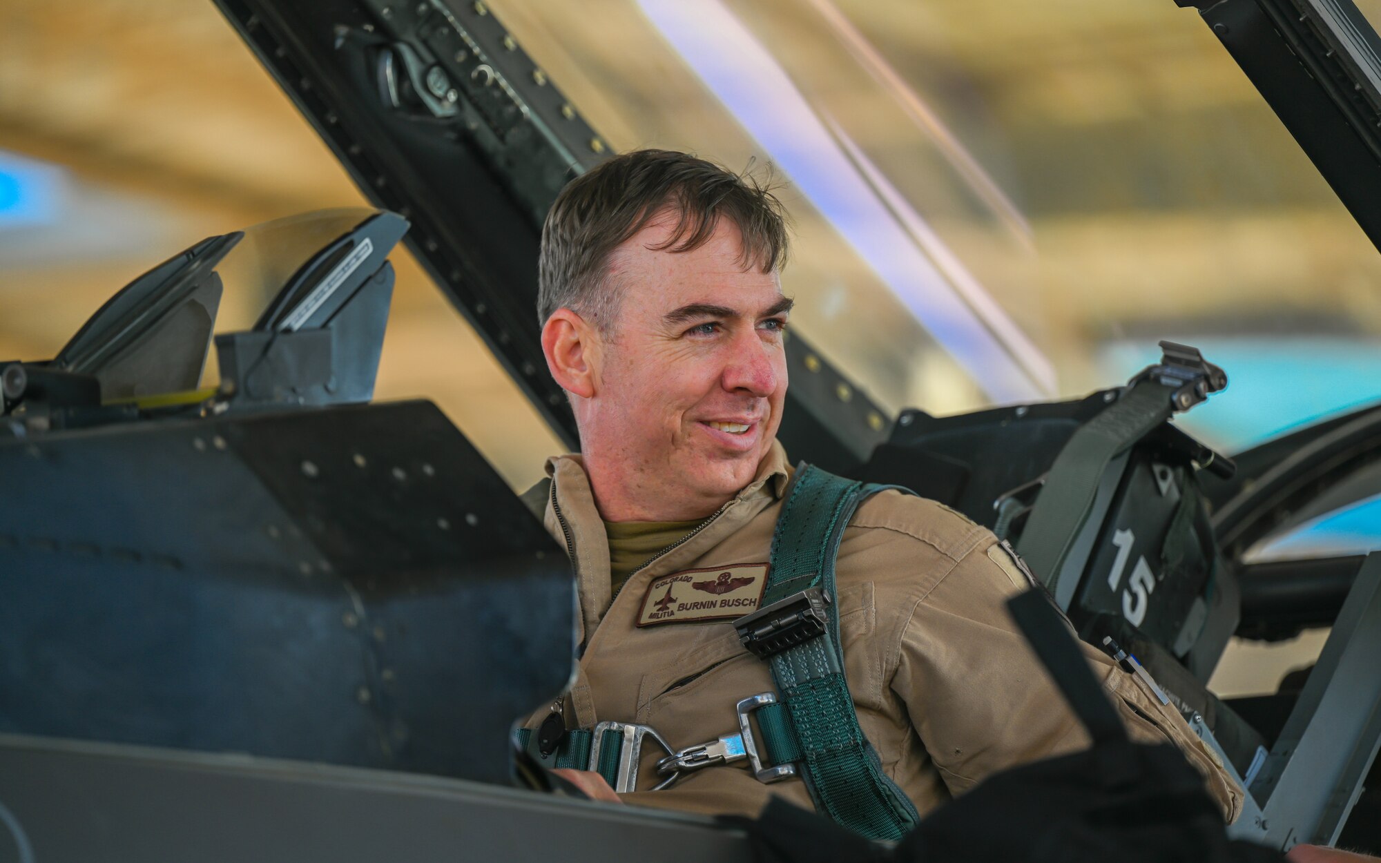 Col. Benjamin Busch, 378th Expeditionary Operations Group commander, sits in the cockpit of an F-16 Fighting Falcon while being refueled at King Abdulaziz Air Base, Kingdom of Saudi Arabia, Feb. 16, 2022. Service members from the U.S., KSA, Pakistan and Bahrain conducted combined operations to better integrate partner capabilities. (U.S. Air Force photo by Staff Sgt. Christina A. Graves)