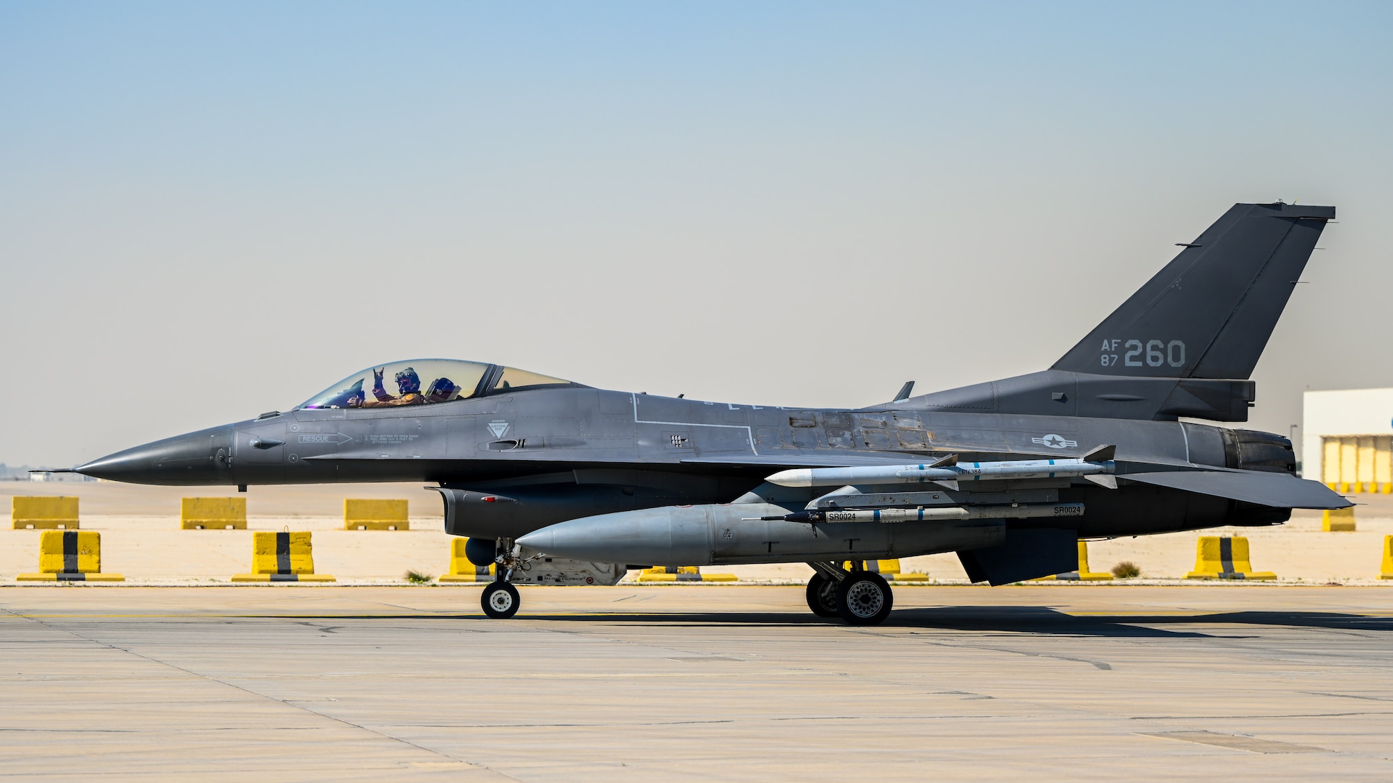 An F-16 Fighting Falcon taxis to the runway at King Abdulaziz Air Base, Kingdom of Saudi Arabia, Feb. 16, 2022. Conducting large force air exercises of this nature strengthen and reinforce air defenses against any potential threats. (U.S. Air Force photo by Staff Sgt. Christina Graves)
