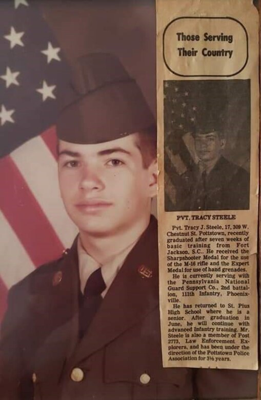 A photo and newspaper clipping of Tracy Steele after he graduated basic training in 1979. Tracy, now a Chief Warrant Officer 4, is set to retire after serving in the Pennsylvania National guard for more than 43 years