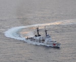 The Coast Guard Cutter Stratton’s (WMSL 752) crew relieves the crew of the Coast Guard Cutter Douglas Munro (WHEC 724) in the Bering Sea, March 12, 2021. The Douglas Munro was the Coast Guard’s last 378-foot high endurance cutter and was relieved by Stratton concluding their final patrol prior to being decommissioned April 24, 2021. U.S. Coast Guard photo.