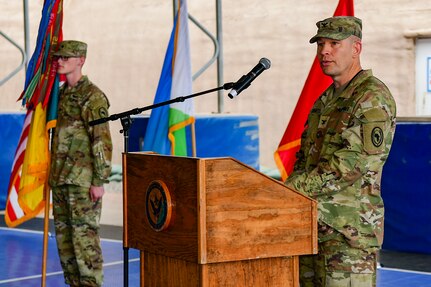 U.S. Army Col. Justin Towell, incoming chief of staff of Combined Joint Task Force – Horn of Africa, provides remarks during a transfer of authority ceremony at Camp Lemonnier, Djibouti, Feb. 26, 2022.