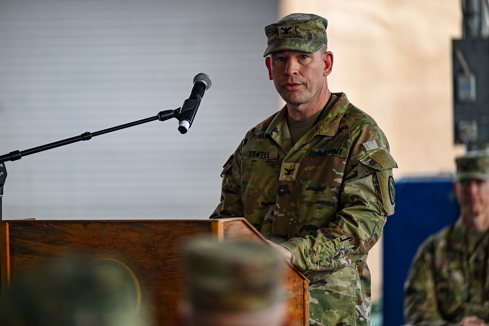 U.S. Army Col. Justin Towell, incoming chief of staff of Combined Joint Task Force – Horn of Africa, provides remarks during a transfer of authority ceremony at Camp Lemonnier, Djibouti, Feb. 26, 2022.