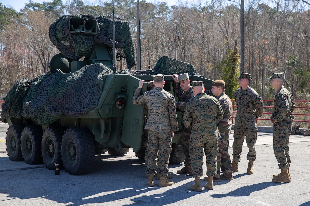 French Army Brig. Gen. Eric Ozanne, the commanding general (CG) of 6th Light Armored Battalion (LAB), speaks to U.S. Marines with 2d Light Armored Reconnaissance Battalion, 2d Marine Division, on Camp Lejeune, North Carolina, Feb. 28, 2022.