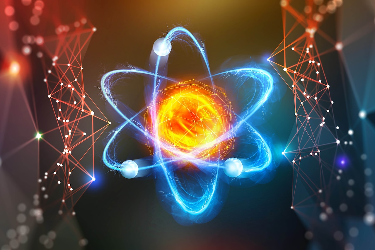 A graphic depicts an atom.