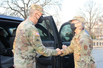 U.S. Air Force Maj. Gen. Sherrie L. McCandless, right, commanding general, District of Columbia National Guard (DCNG), greets U.S. Army Gen. Daniel Hokanson, chief of the National Guard Bureau and member of the Joint Chiefs of Staff, on his arrival at the D.C. Armory in Washington, D.C., March 2, 2022. Gen. Hokanson’s visit focused on support DCNG and Guard members from New Jersey, Vermont and West Virginia are providing to the D.C. Metropolitan Police Department and U.S. Capitol Police to enhance traffic control around the U.S. Capitol and National Mall in anticipation of First Amendment demonstrations in the District. (U.S. Army National Guard photo by SFC. Erica Jaros)