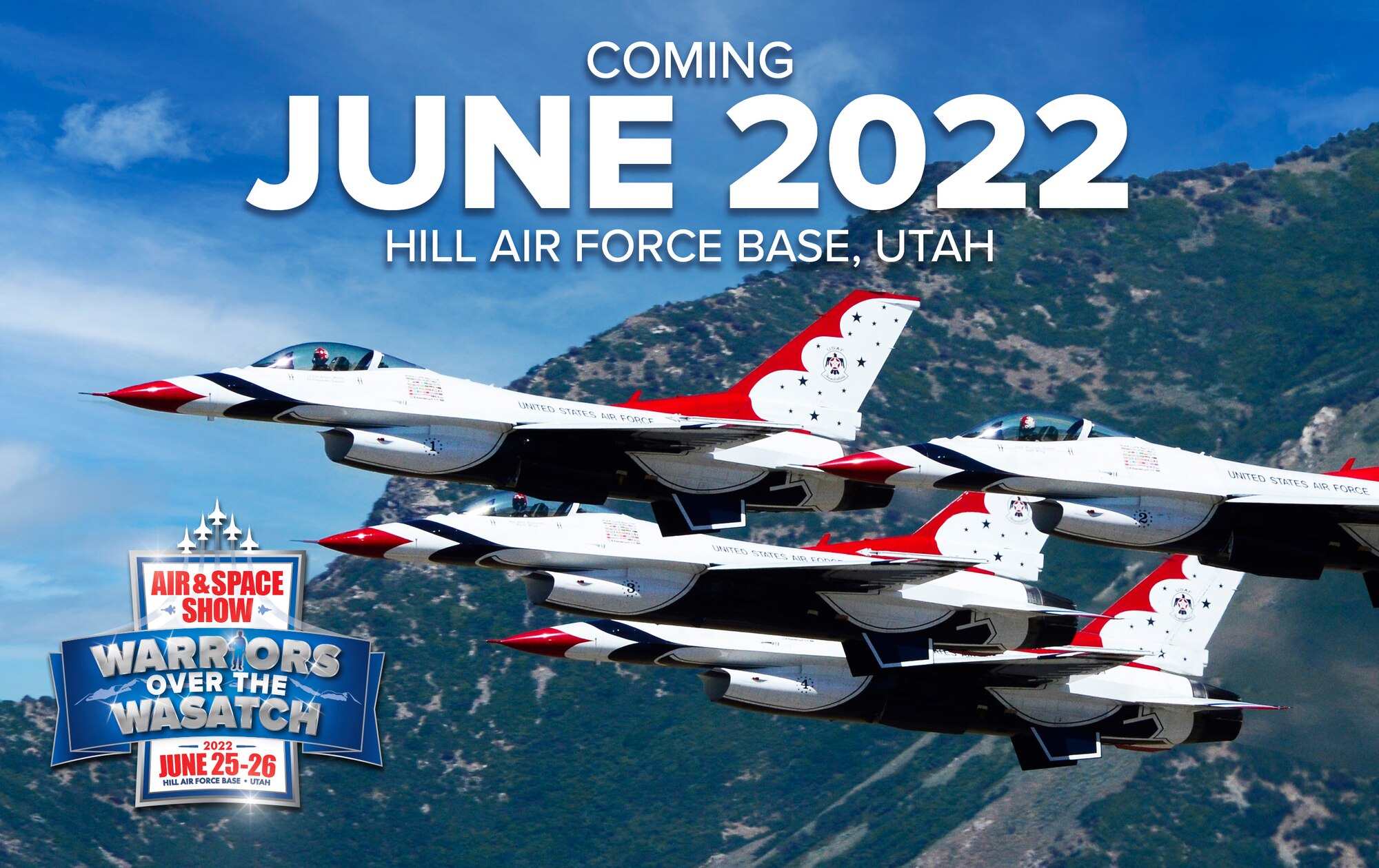 Photo of the U.S. Air Force Thunderbirds demonstration team flying near the mountains