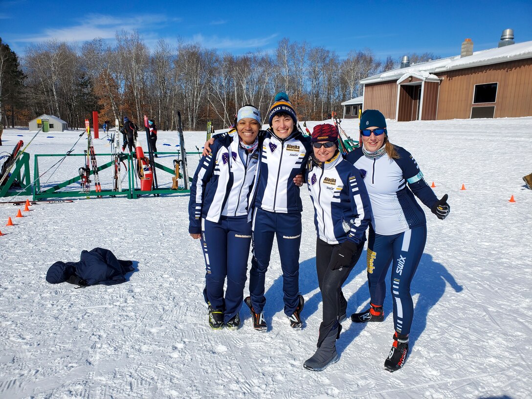 Alaska National Guard 1st Sgt. Angela Horn, Staff Sgt. Anna Knopes, Chief Warrant Officer 5 Tracy Dooley, and Sgt. 1st Class Heather Percy competed in the Annual Chief of the National Guard Biathlon Race on Camp Ripley, Minnesota, from Feb. 12-15, 2022. The AKNG team took first place overall in the women's division during this year's competition. (Courtesy photo)