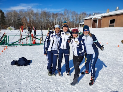 Alaska National Guard 1st Sgt. Angela Horn, Staff Sgt. Anna Knopes, Chief Warrant Officer 5 Tracy Dooley, and Sgt. 1st Class Heather Percy competed in the Annual Chief of the National Guard Biathlon Race on Camp Ripley, Minnesota, from Feb. 12-15, 2022. The AKNG team took first place overall in the women's division during this year's competition. (Courtesy photo)