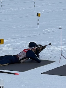 Alaska National Guard Sgt. Jason Bell shoots at his targets during the Annual Chief of the National Guard Biathlon Race on Camp Ripley, Minnesota, from Feb. 12-15, 2022. Bell was one of seven Alaska athletes in the national competition this year, where more than 120 Guardsmen from 20 different states competed for the championship. (Courtesy photo)