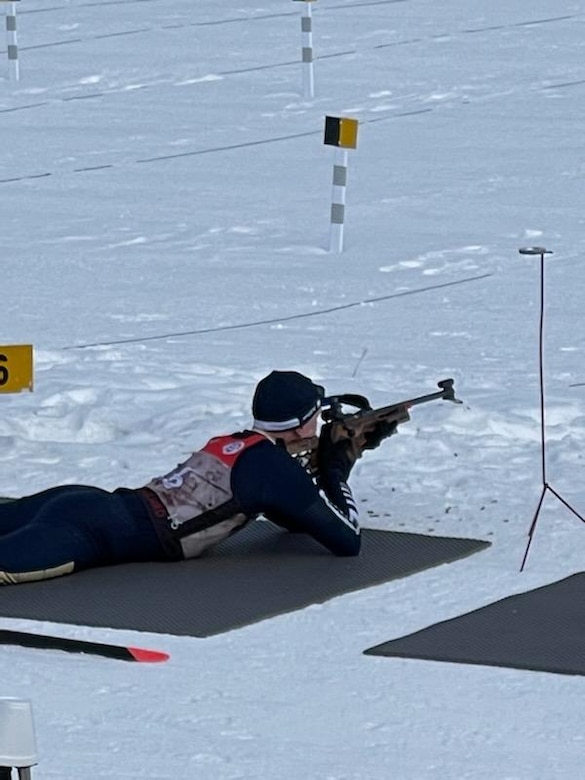 Alaska National Guard Sgt. Jason Bell shoots at his targets during the Annual Chief of the National Guard Biathlon Race on Camp Ripley, Minnesota, from Feb. 12-15, 2022. Bell was one of seven Alaska athletes in the national competition this year, where more than 120 Guardsmen from 20 different states competed for the championship. (Courtesy photo)