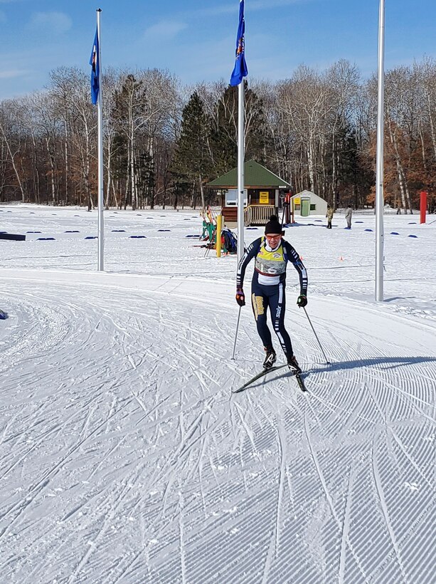 Alaska National Guard Maj. David Cunningham skis a loop during the Annual Chief of the National Guard Biathlon Race on Camp Ripley, Minnesota, from Feb. 12-15, 2022. Cunningham was one of three Alaska Guardsmen named All Guard Biathlon Team athletes after the competition, which is specific recognition for the top competitors that gains them additional funding for biathlon training. (Courtesy photo)