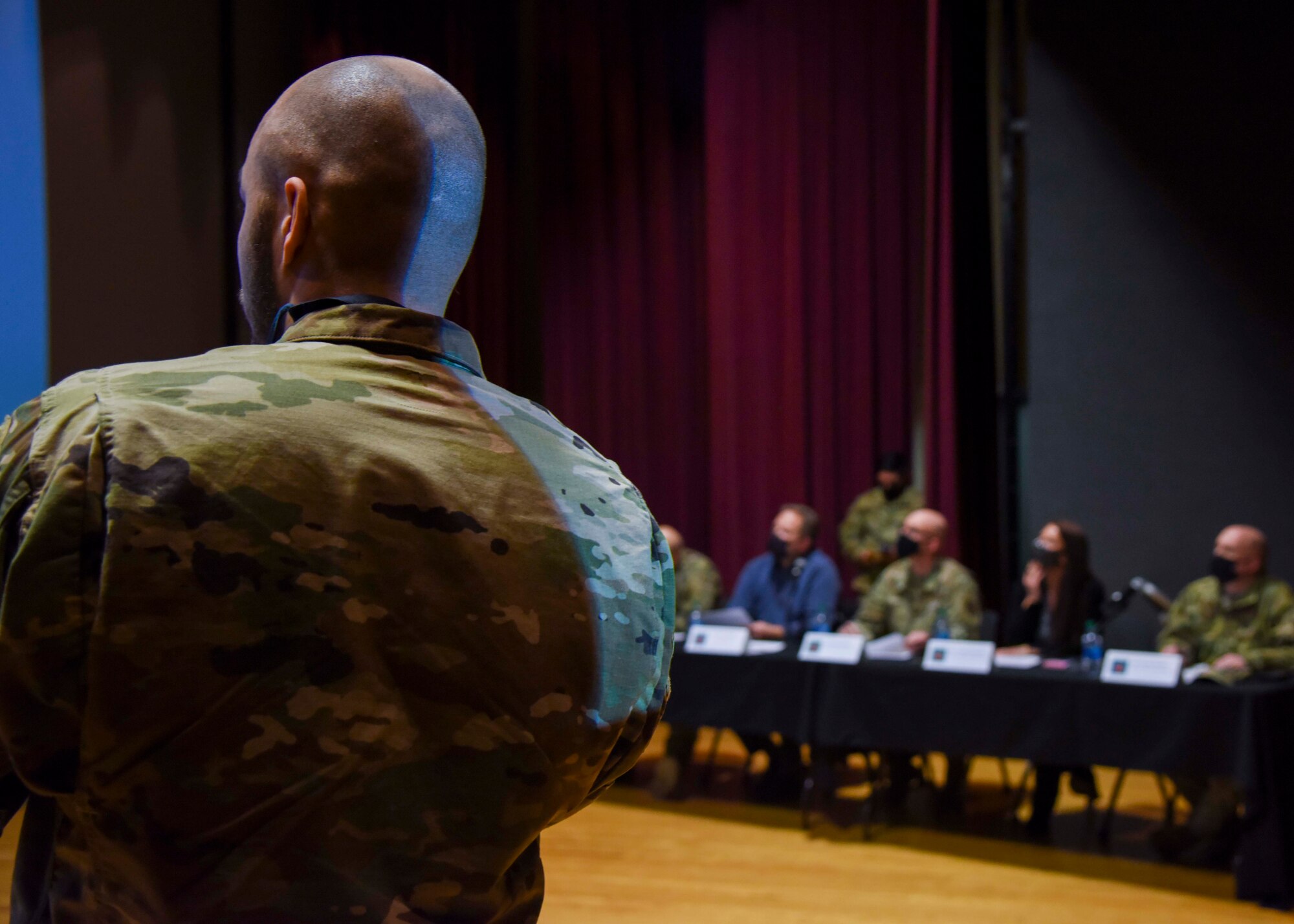 U.S. Air Force Tech Sgt. Bobby McCrary, 92nd Maintenance Squadron metals technician, presents his idea to the judge’s panel at the annual Inland Northwest Spark Tank Competition.