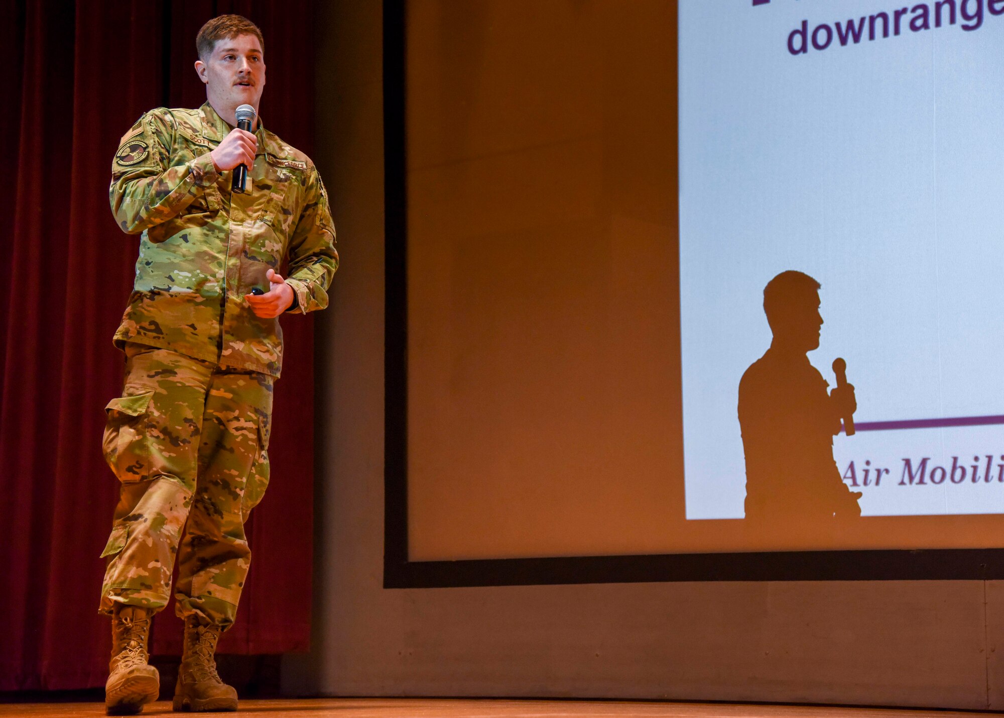 U.S. Air Force 1st Lt Adam Scott, 92nd Logistics Readiness Squadron fuels flight commander, presents his idea to the judge’s panel at the annual Inland Northwest Spark Tank Competition.