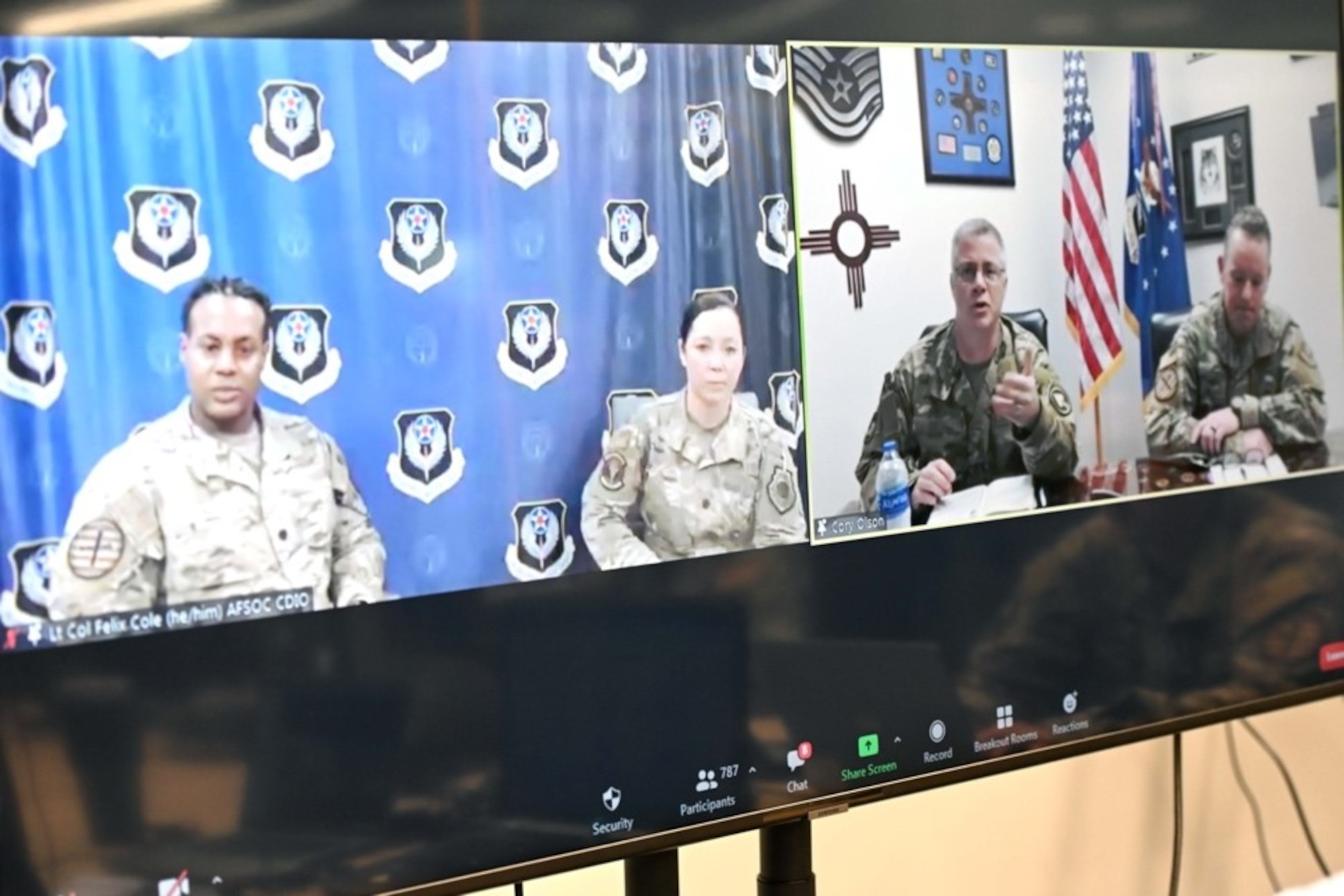 U.S. Air Force Lt. Cols. Felix Cole, left, chief of diversity, inclusion and equal opportunity for Air Force Special Operations Command, Hurlburt Field, Florida, and Laura Easton, left center, commander of advanced capabilities squadron for AFSOC, engage with U.S. Air Force Chief Master Sgts. Greg Smith, right center, senior enlisted leader of U.S. Special Operations Command, MacDill Air Force Base, Florida, and Cory Olson, command chief of AFSOC, during the virtual Commando Leadership, Equity, Advocacy and Development Symposium at the HSU Institute, Fort Walton Beach, Florida, Feb. 23, 2022. The symposium aimed to provide an opportunity for Airmen around the globe to participate in a professional development event in which they could hear from subject matter experts and the Air Force’s most senior leaders. (U.S. Air Force photo by Staff Sgt. Brandon Esau)