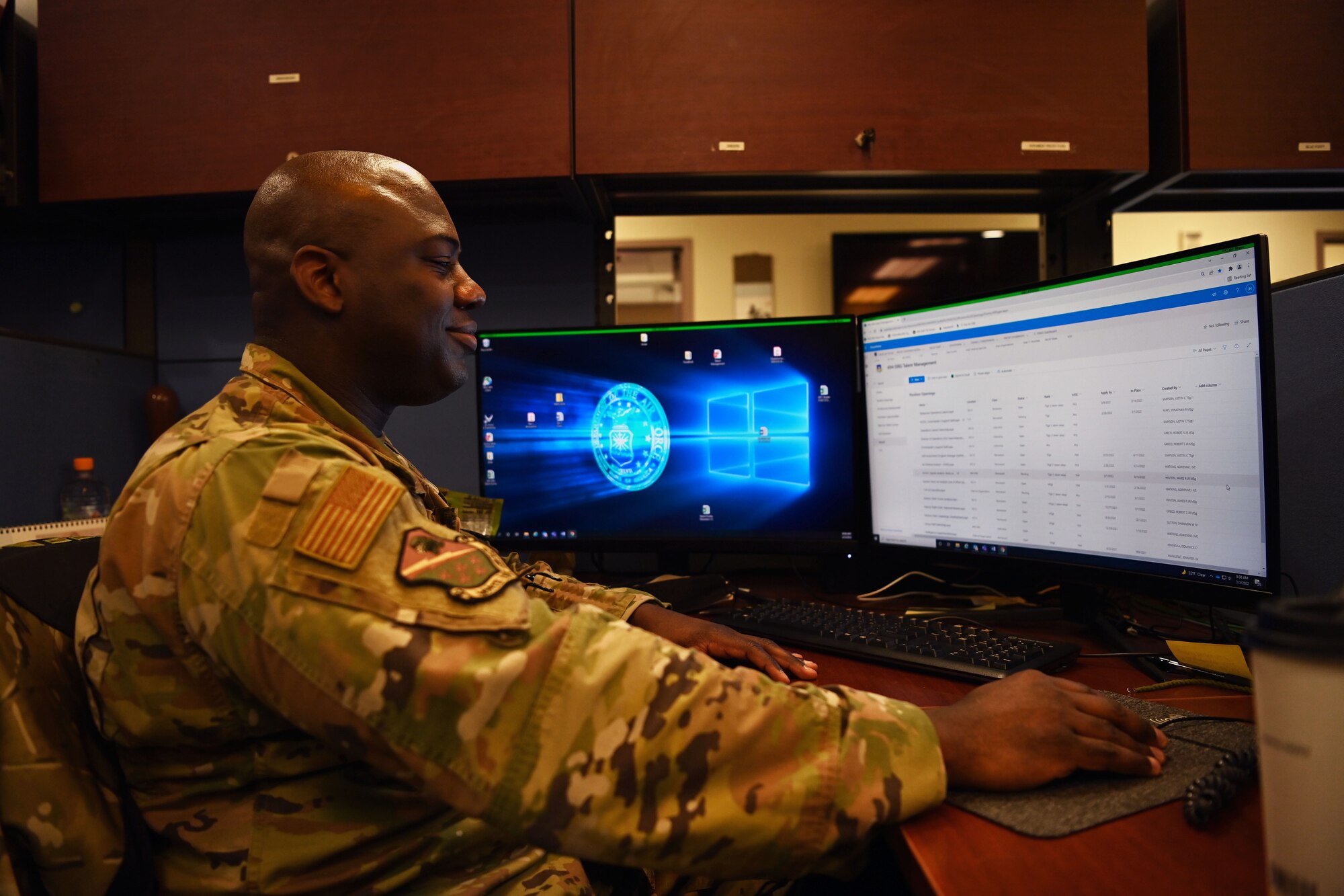 Master Sgt. James Hinton, 694th Intelligence, Surveillance and Reconnaissance Group talent manager, views the Talent Management Program’s job listings on Osan Air Base, Republic of Korea, March 3, 2022. The program’s listing is viewable by all members of the group making it inclusive. (U.S. Air Force photo by Master Sgt. Rachelle Morris)
