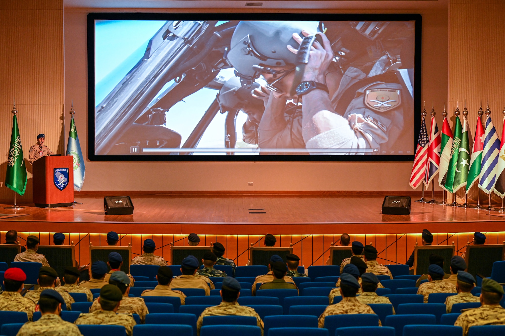 Members of the multinational RSAF led exercise, Spears of Victory attend a briefing at King Abdulaziz Air Base, Kingdom of Saudi Arabia, Feb. 17, 2022. Training with partner nations strengthens military-to-military relationships, improves interoperability and promotes regional stability. (U.S. Air Force photo by Staff Sgt. Christina A. Graves)
