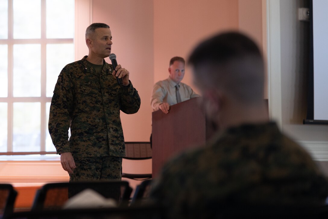 U.S. Marine Corps Brig. Gen. Andrew M. Niebel, commanding general of Marine Corps Installations East-Marine Corps Base Camp Lejeune (MCB Camp Lejeune), speaks during the warfighter training symposium event at Marston Pavilion, MCB Camp Lejeune, North Carolina, Feb. 28, 2022. The warfighter training symposium educated unit leaders across MCB Camp Lejeune on range modernization efforts, development of new ranges and highlighted other training opportunities and systems available on the installation. (U.S. Marine Corps photo by Lance Cpl. Antonino Mazzamuto)