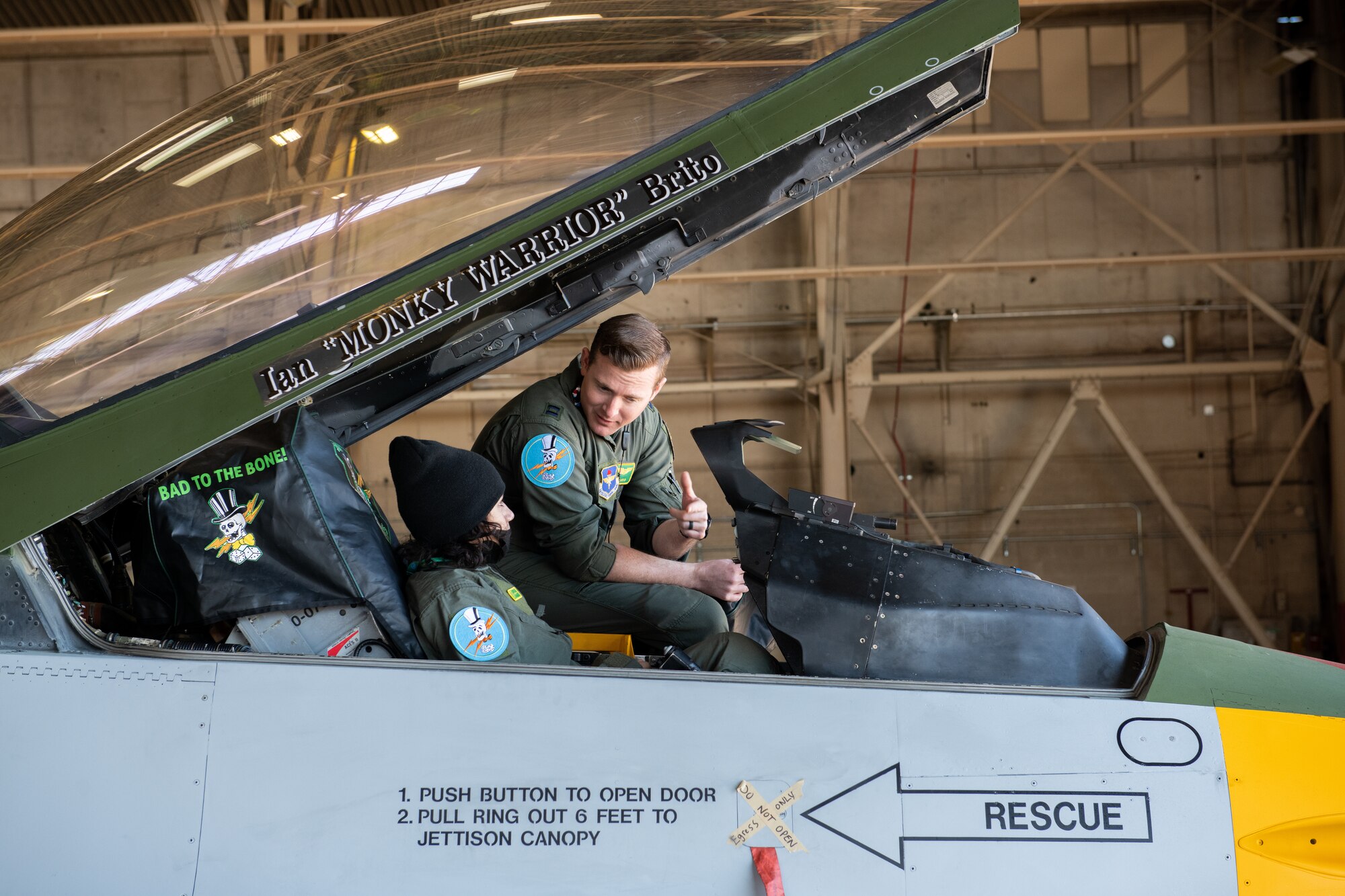 Ian “Monky Warrior” Brito, Pilot for a Day participant, sits in an F-16 Fighting Falcon Feb. 25, 2022, at Luke Air Force Base, Arizona.