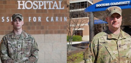 Maryland Army National Guard Spcs. Patrick Sheil and Paul Hofe, members of 1st Battalion, 175th Infantry Regiment, administered CPR and helped save a man's life at Doctors Community Hospital, Lanham, Maryland, Feb. 18, 2022.