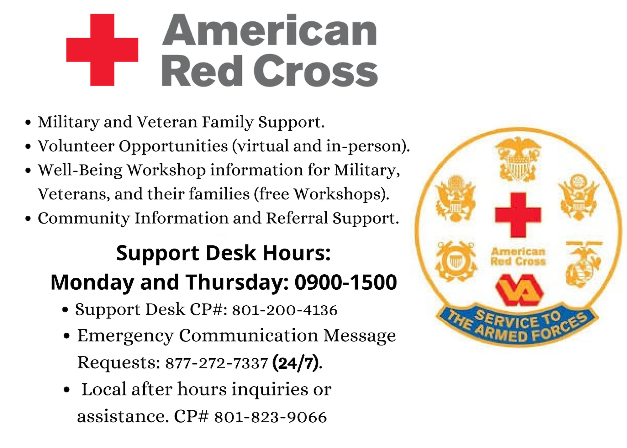 The American Red Cross Support Desk at Hill Air Force Base will open starting Monday, March 7, 2022 at building 430.