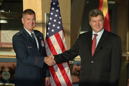 Air Force Maj. Gen. Michael Dubie, adjutant general of the Vermont National Guard, welcomes Macedonian President Dr. Gjorge Ivanov at the Burlington International Airport in Vermont, Sept. 17. The Macedonian president is in Vermont to meet with deploying troops and state officials this weekend. Vermont and Macedonia have been linked by the National Guard State Partnership Program since 1995. (U.S. Air National Guard photo/Senior Airman Jameel Moses)