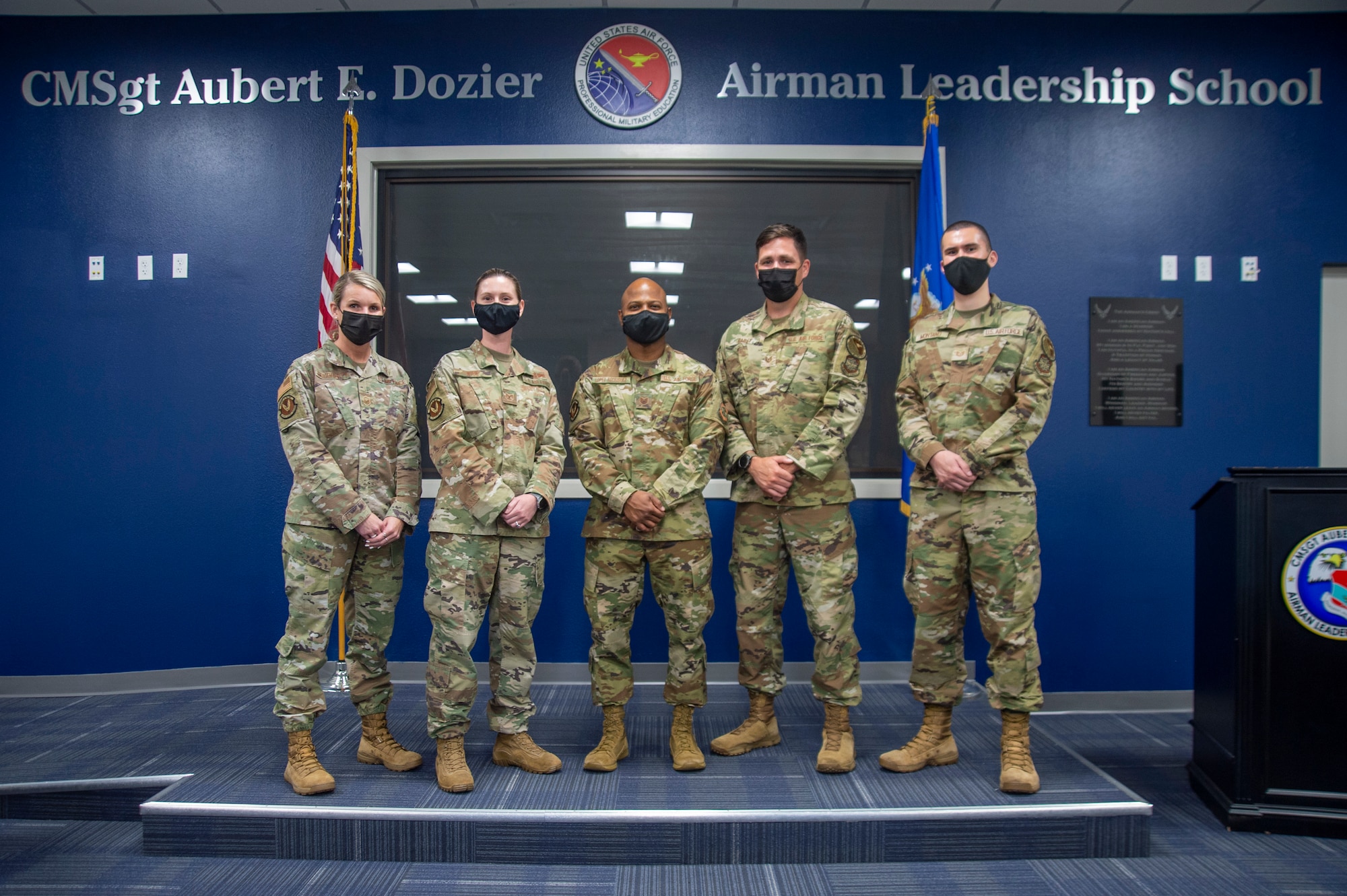 The Airman Leadership School (ALS) commandant and instructors pose for a photo in the Chief Master Sgt. Aubert E. Dozier ALS on March 1, 2022, at MacDill Air Force Base, Florida. The MacDill ALS team was recently nominated as the Air Mobility Command’s ALS of the Year and will compete against other major commands across the Air Force for ALS of the Year. (U.S. Air Force photo by Senior Airman David D. McLoney)