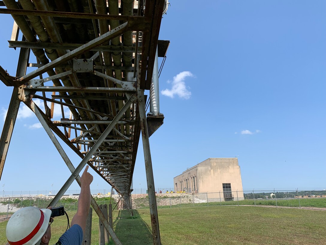 Detroit District’s Bridge Safety Program Manager Andy Wadysz inspecting the Main Powerhouse Utility Bridge at the U.S. Army Corps of Engineers’ Soo Area Office in Sault Ste. Marie, Michigan in August 2021. U.S. Army Corps of Engineers photo by Jacob Carr.