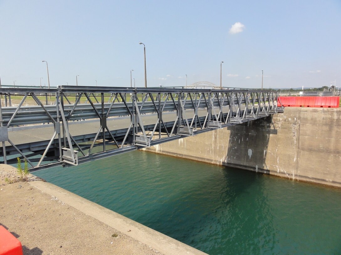 Davis Lock Acrow Bridge at the U.S. Army Corps of Engineers’ Soo Area Office in Sault Ste. Marie, Michigan in August 2021. One of four Acrow bridges used to cross the lock chambers during winter maintenance periods. U.S. Army Corps of Engineers photo by Andy Wadysz.