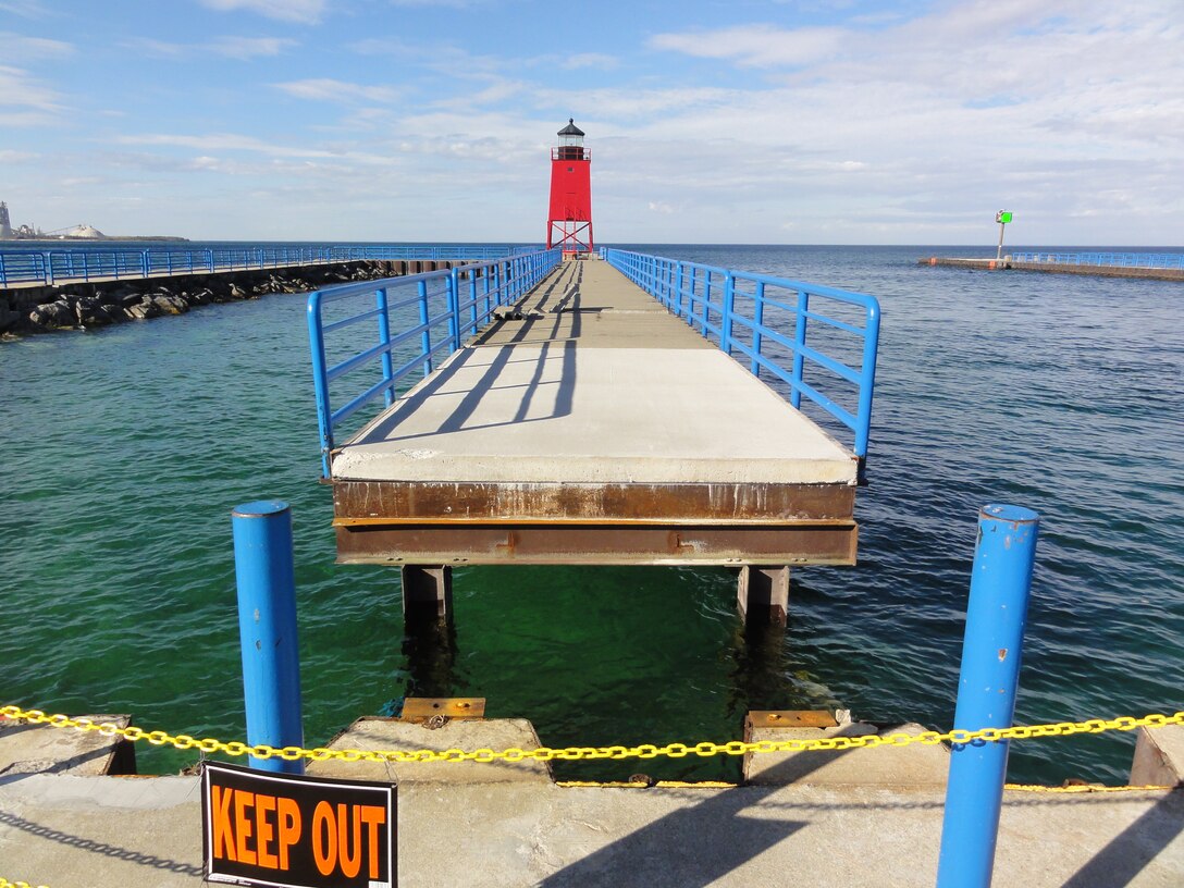 The bridge is closed for repairs near the end of the south pier in Charlevoix, Michigan November 2020. Charlevoix Harbor has experienced significant wave activity, which caused a panel on the bridge to fail. U.S. Army Corps of Engineers photo by Andy Wadysz.
