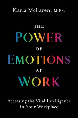 Book cover image. Black background with rainbow, gradient letters that read, "The Power of Emotions at Work."