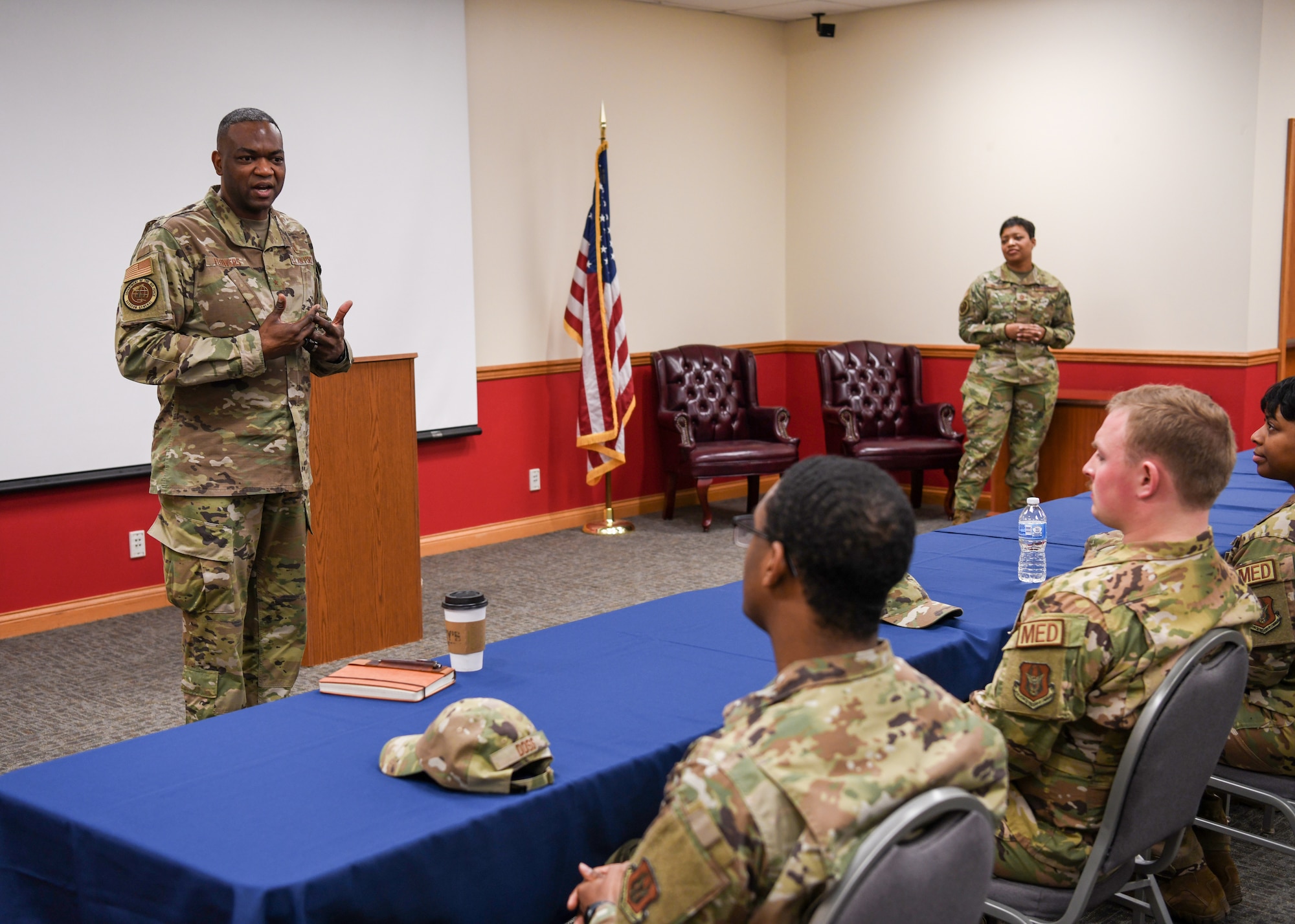 Brig. Gen. Alfred K. Flowers, Jr., Director of Manpower, Personnel and Resources, and Chief of the Medical Service Corps, Office of the Air Force Surgeon General, met with Airmen from the 445th Aerospace Medicine Squadron, 445th Aeromedical Evacuation Squadron, and 445th Aeromedical Staging Squadron, during his visit to Wright-Patterson Air Force Base, Ohio March 4, 2022.