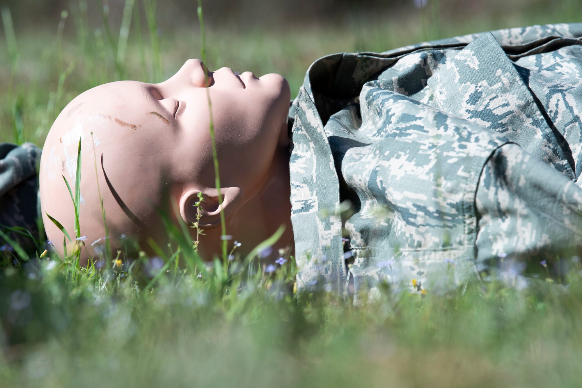 A mannequin imitates a body at a simulated mass casualty event during exercise Ready Tiger 22-01 at Moody Air Force Base, Georgia, March 2, 2022. Mass casualty scenarios allow services airmen to train skills in mortuary affairs. (U.S. Air Force photo by Senior Airman Thomas Johns)