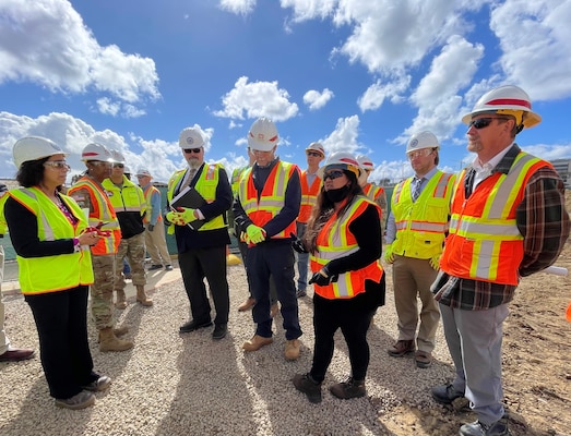 Jenn Rivo, project manager with the U.S. Army Corps of Engineers Los Angeles District’s Mega Projects Division, Department of Veterans Affairs Branch, talks to leaders from the Corps of Engineers and the Department of Veterans Affairs during a Feb. 23 site visit to construction areas at the VA San Diego Healthcare System in La Jolla, California.