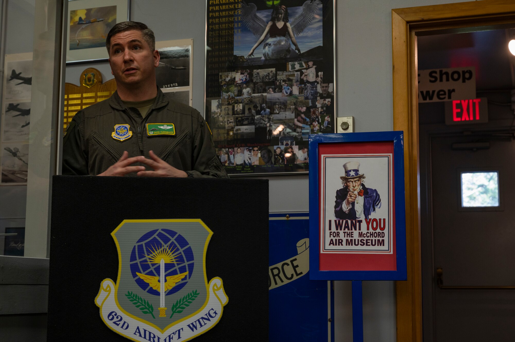 U.S. Air Force Col. David Fazenbaker, 62nd Airlift Wing commander, speaks during a reopening ceremony of the McChord Air Museum at Joint Base Lewis-McChord, Washington, Feb. 22, 2022. After being closed for almost two years, the Air Museum reopened its doors to the public. (U.S. Air Force photo by Airman 1st Class Charles Casner)