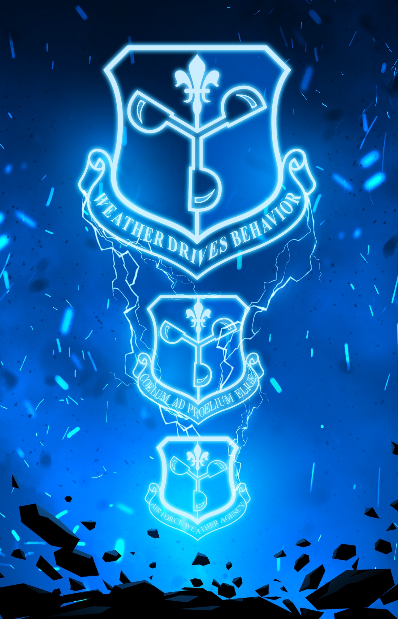 A blue background with shields morphing into the current shield.